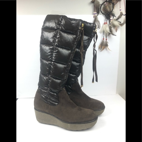 Moncler Shoes - Moncler women’s brown knee-high down wedge boots size 9‎